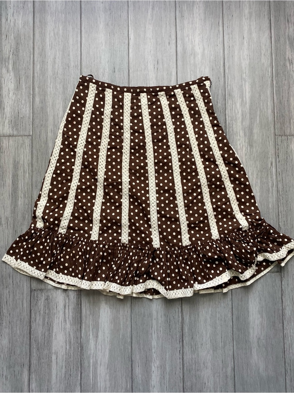 tease petites Brown and White Polka Dot Ruffle Hem Skirt Midi Lace Cotton